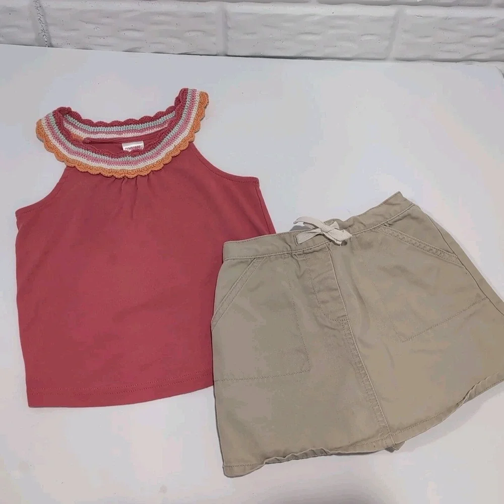 Vintage Gymboree Girls Size 4 Outfit Pink Ruffle Crochet Top Beige Cargo Skort